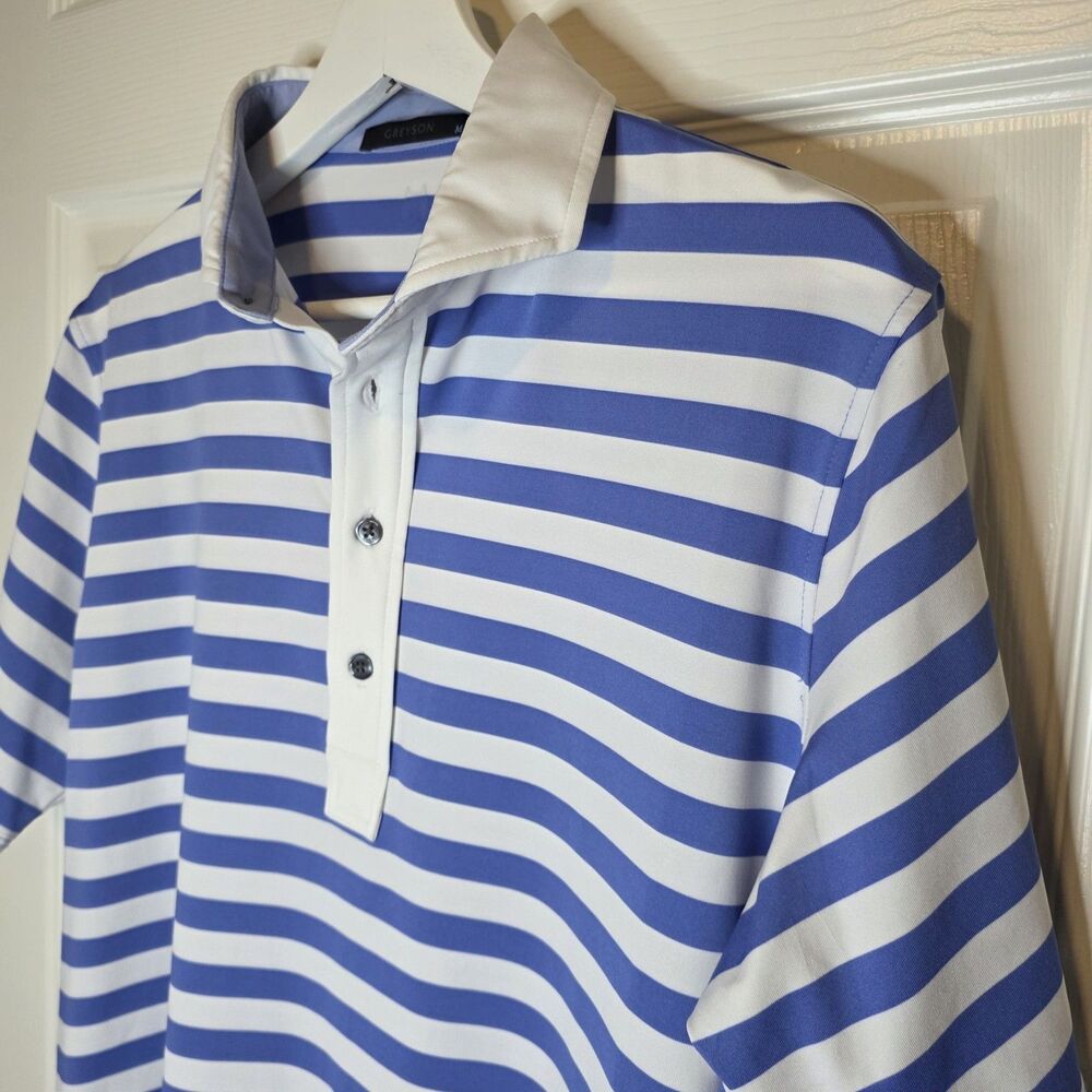 GREYSON Mens Medium Polo Shirt Blue & White Striped Performance Stretch